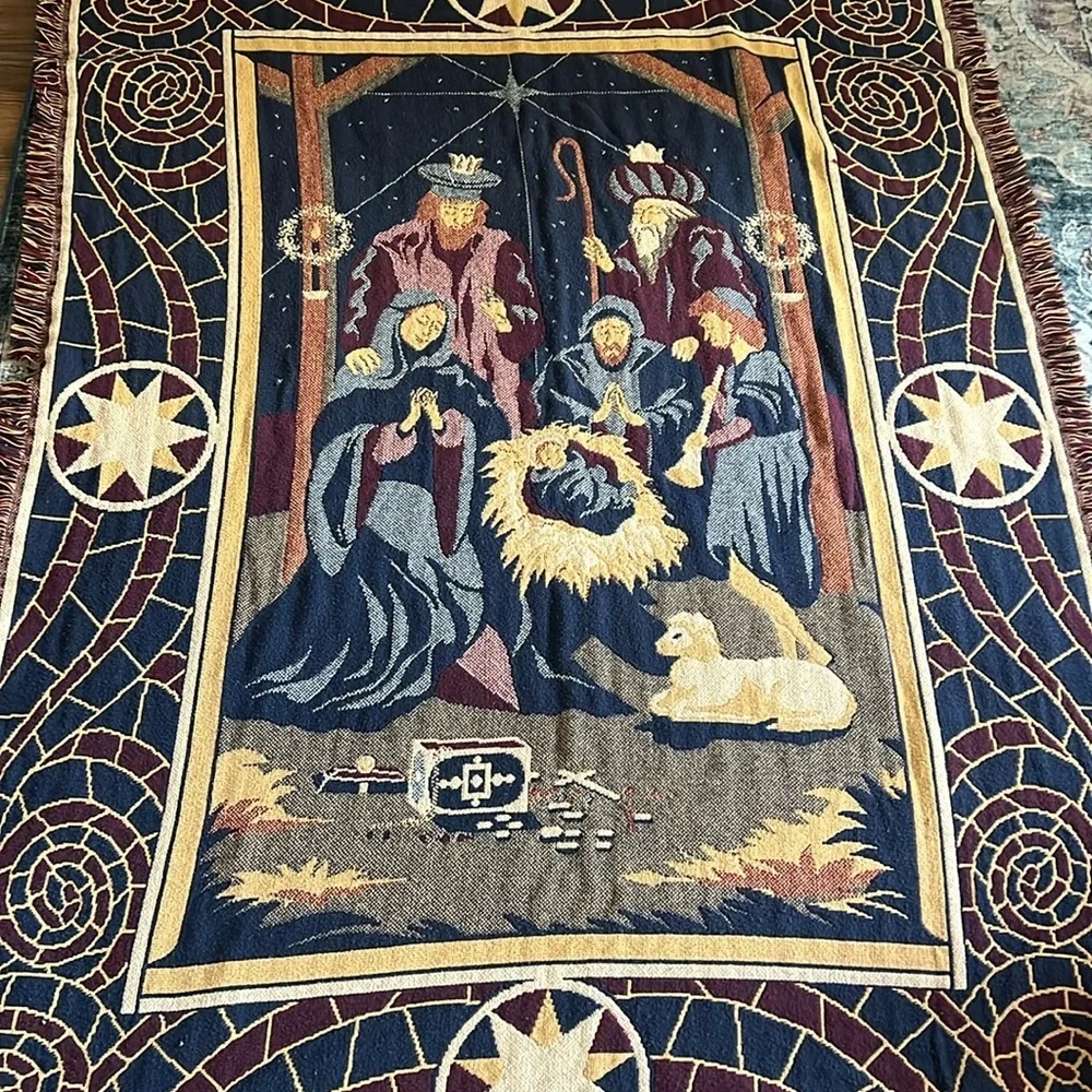 Vintage Tapestry Throw with Nativity Scene Fringed Trim 46X64”